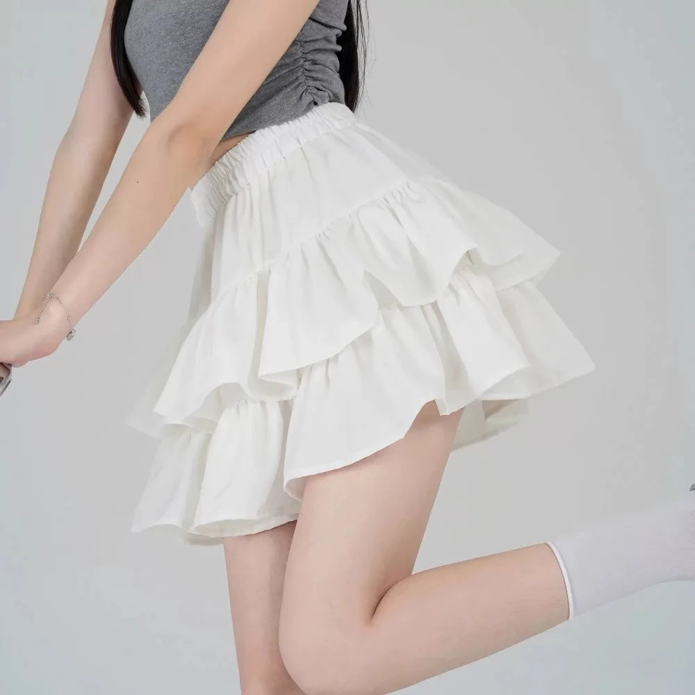 Summer Kawaii Mini A-line Skirt Adorable Flirty High Waist Ruffle Patchwork Lolita Ball Gown Y2K Korean Sweet Women's Clothing