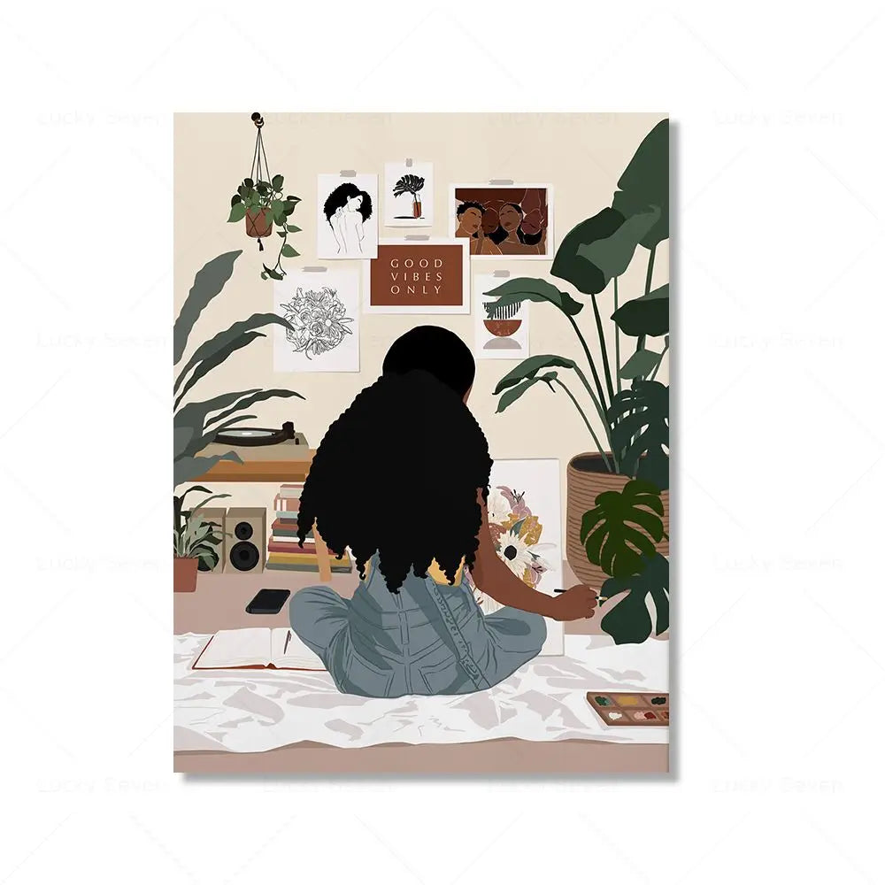 Wall Art Canvas Painting Fashion Black Girl African Woman Reading Posters Coffee Prints Home Wall Picture Living Room Decorat