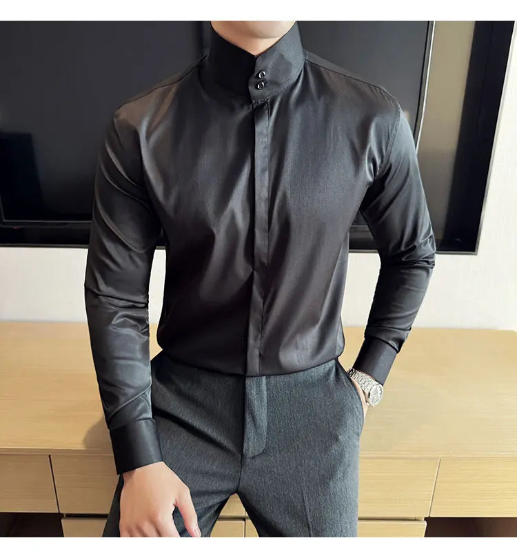 Mens Slim Fit Stand Shirt Fashion High collar Shirts Men Spring Autumn Solid Color Long Sleeve Korean Style Smart Casual Shirts