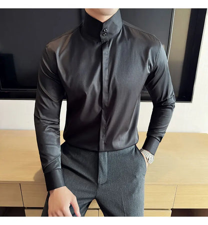 Mens Slim Fit Stand Shirt Fashion High collar Shirts Men Spring Autumn Solid Color Long Sleeve Korean Style Smart Casual Shirts