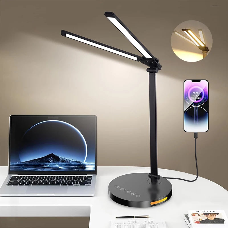 LED Desk Lamps Home Office Bright Double Swing Arm LED Desk Lamp with USB Charging Port Eye-Caring Task Lamp for Work Study