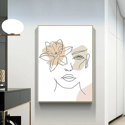 Wall Art Canvas Painting Line Girl Face Flowers Modern Minimalist Nordic Posters and Prints Wall Pictures for Living Room Decor