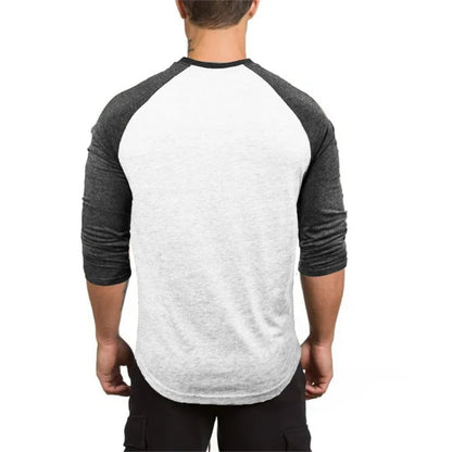 Men Slim Fit Sport Casual Sport T-shirts Gym Fitness Muscle Three Quarter Shirts Autumn Breathable Cotton Bodybuilding Clothing