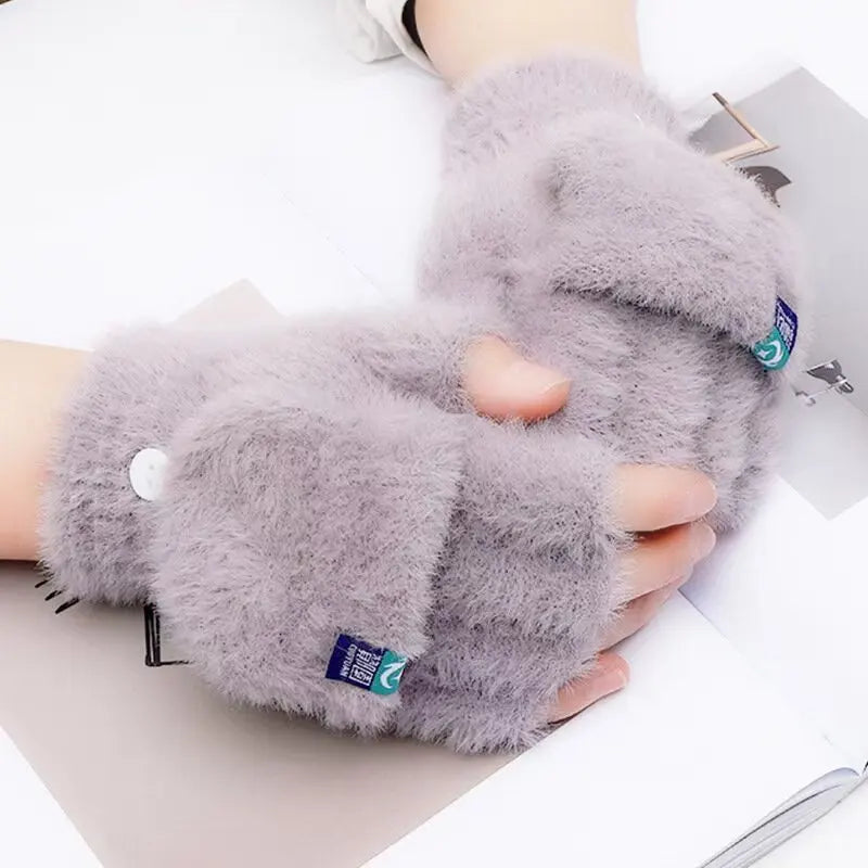 Fashionable Half Finger Gloves Suitable for Women's Soft and Warm Winter Luxurious Solid Color Plush Knitted Fingerless Gloves