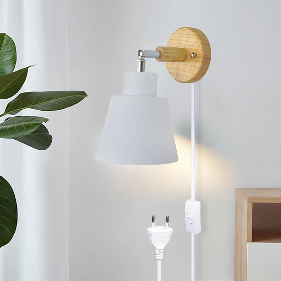 Nordic Wall Light Indoor DIY E27 Wooden 6 Colors EU/UL Plug 350° Wall Lamps for Living Room Bedroom Aisle Sconce Fixtures