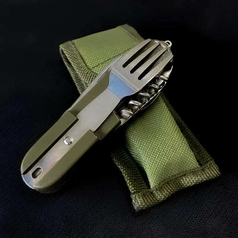 Stainless Steel 7 in 1 Camping Cutlery Set - Foldable Multifunctional Outdoor Tableware with Fork Spoon Knife for Picnic Hiking