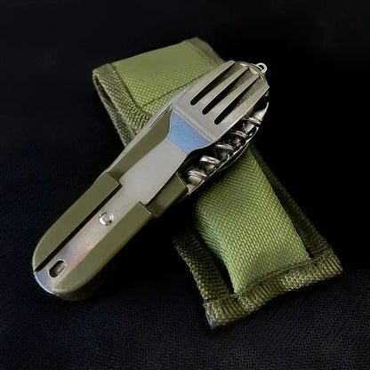 Stainless Steel 7 in 1 Camping Cutlery Set - Foldable Multifunctional Outdoor Tableware with Fork Spoon Knife for Picnic Hiking