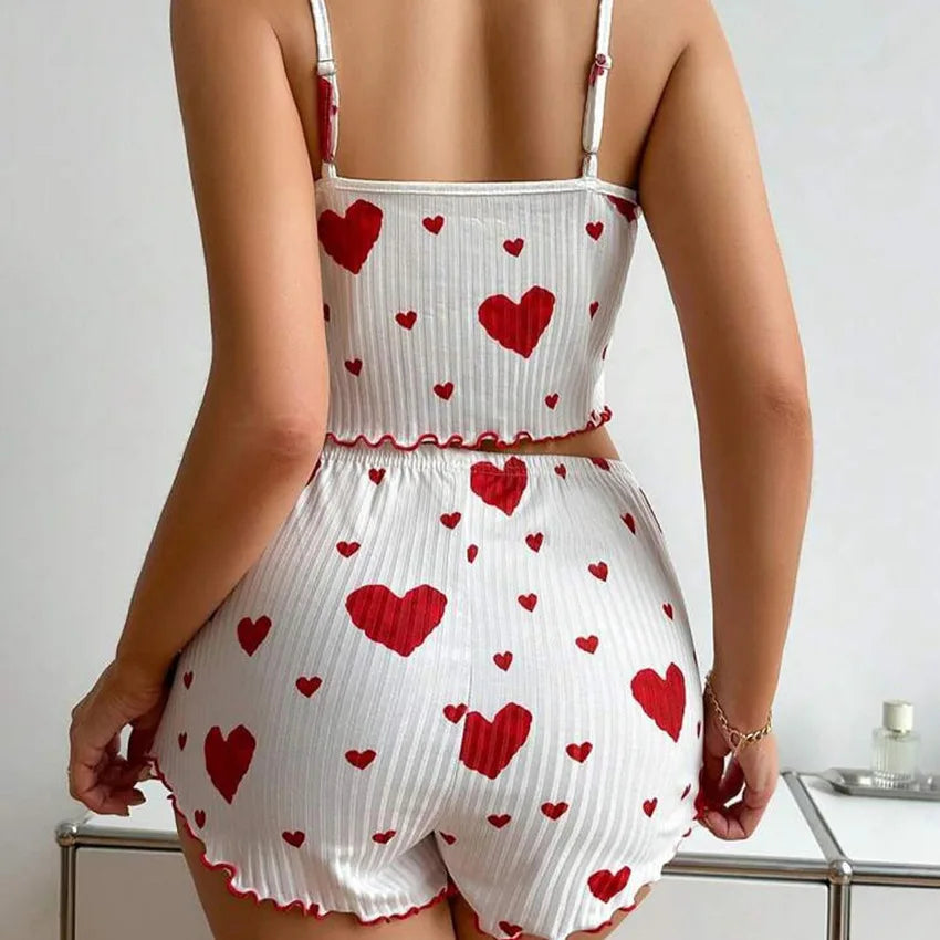 New Women's Pajama Set Knitted Love Printed Sweet Strap Shorts S M L White Breathable Casual Love Printed Home Pajama Set