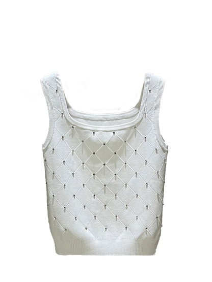 Sexy Diamond Rhinestone Vest Top Strapl Square Collar Base Knittedwear Breathable Pure Color Commute Sle Women's Tank Top