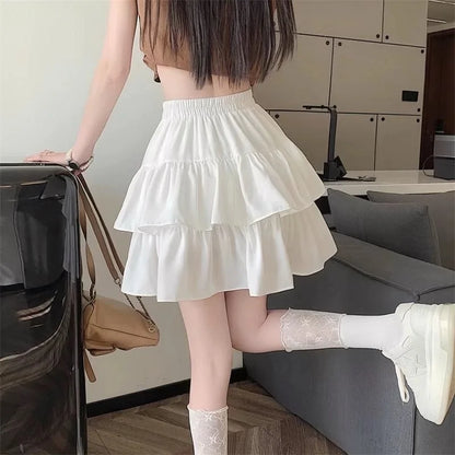 Summer Kawaii Mini A-line Skirt Adorable Flirty High Waist Ruffle Patchwork Lolita Ball Gown Y2K Korean Sweet Women's Clothing