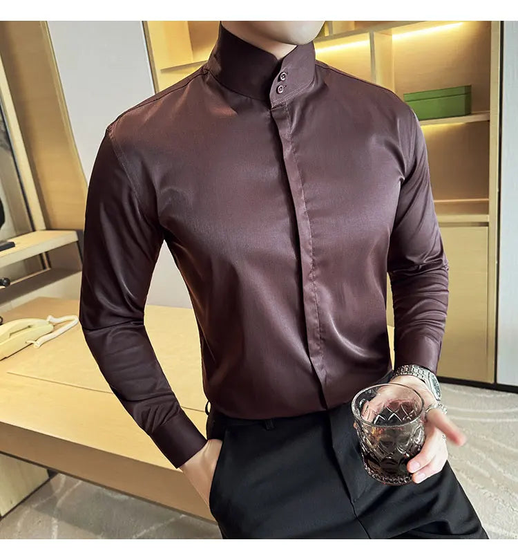 Mens Slim Fit Stand Shirt Fashion High collar Shirts Men Spring Autumn Solid Color Long Sleeve Korean Style Smart Casual Shirts