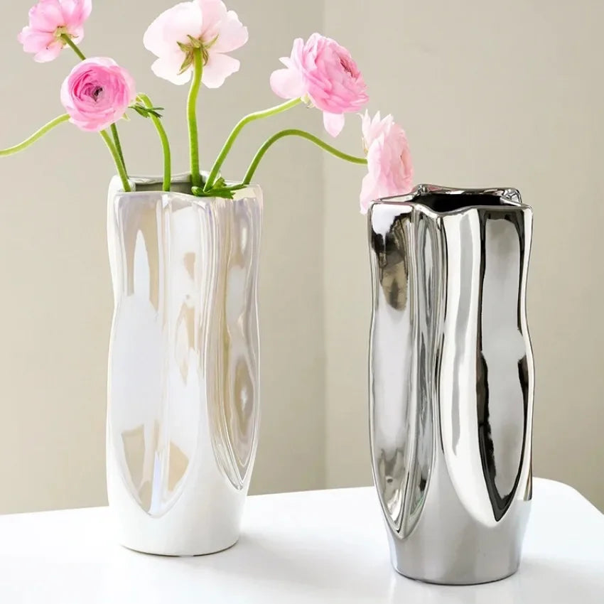 Ceramic Vase Luxury Electroplated Silver Flower Arrangement Irregular Porcelain Hydroponic Vase Ornament Interior Art Decoration