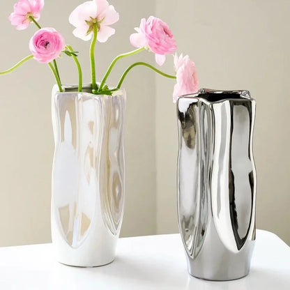 Ceramic Vase Luxury Electroplated Silver Flower Arrangement Irregular Porcelain Hydroponic Vase Ornament Interior Art Decoration