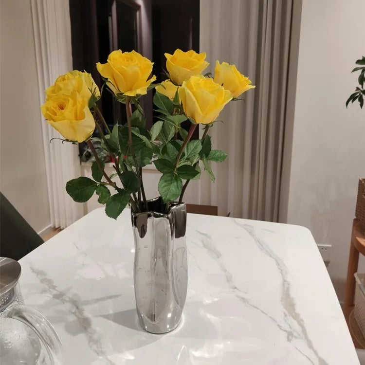 Ceramic Vase Luxury Electroplated Silver Flower Arrangement Irregular Porcelain Hydroponic Vase Ornament Interior Art Decoration