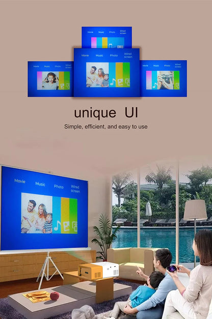 Portable mini projector, supports wired screen mirroring, support full HD 1080p, outdoor and indoor use, easily portable.