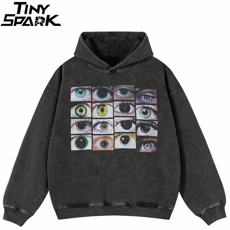 2026 Hip Hop Oversized Hoodie Sweatshirt Men Streetwear Eyes World Graphic Washed Black Hooded Pullover Cotton Hipster