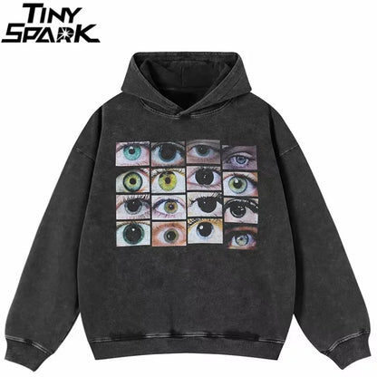 2026 Hip Hop Oversized Hoodie Sweatshirt Men Streetwear Eyes World Graphic Washed Black Hooded Pullover Cotton Hipster
