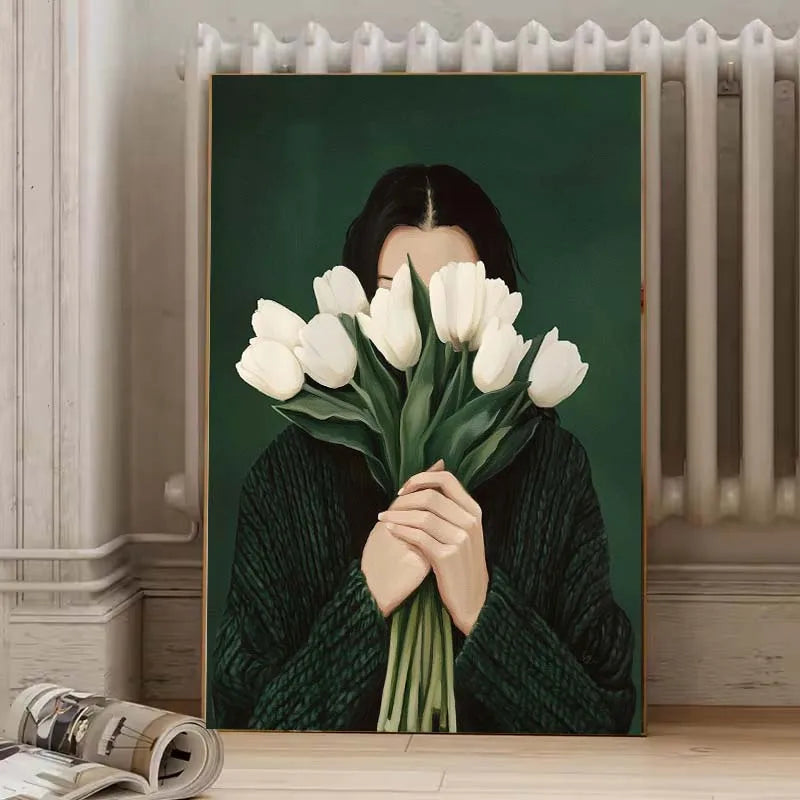 Canvas Wall Art Woman with Flower Portrait Painting Print for Bedroom Nordic Girl Home Decor Abstract Minimalism Poster