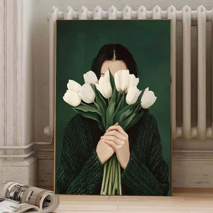 Canvas Wall Art Woman with Flower Portrait Painting Print for Bedroom Nordic Girl Home Decor Abstract Minimalism Poster