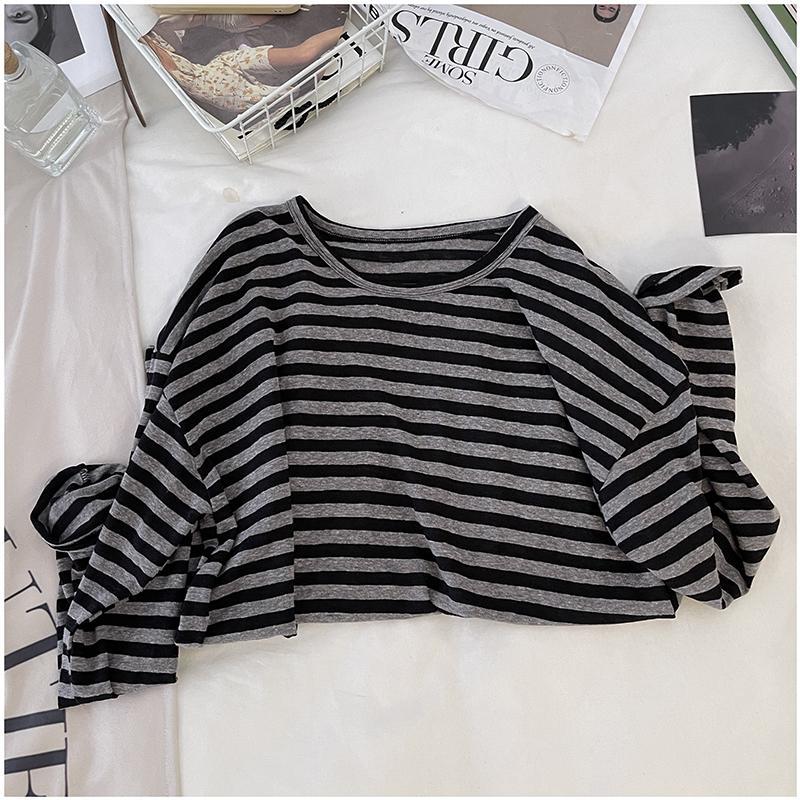 Korean Loose Long Sleeve Striped T-shirt Women's Clothing Spring Autumn Casual Fashionable Round Neck Pullovers Tops for Female