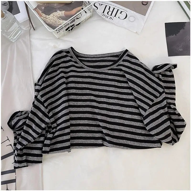 Korean Loose Long Sleeve Striped T-shirt Women's Clothing Spring Autumn Casual Fashionable Round Neck Pullovers Tops for Female