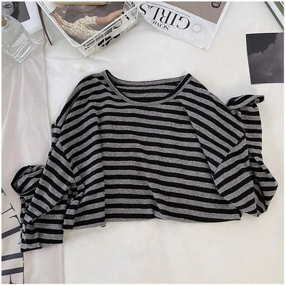 Korean Loose Long Sleeve Striped T-shirt Women's Clothing Spring Autumn Casual Fashionable Round Neck Pullovers Tops for Female