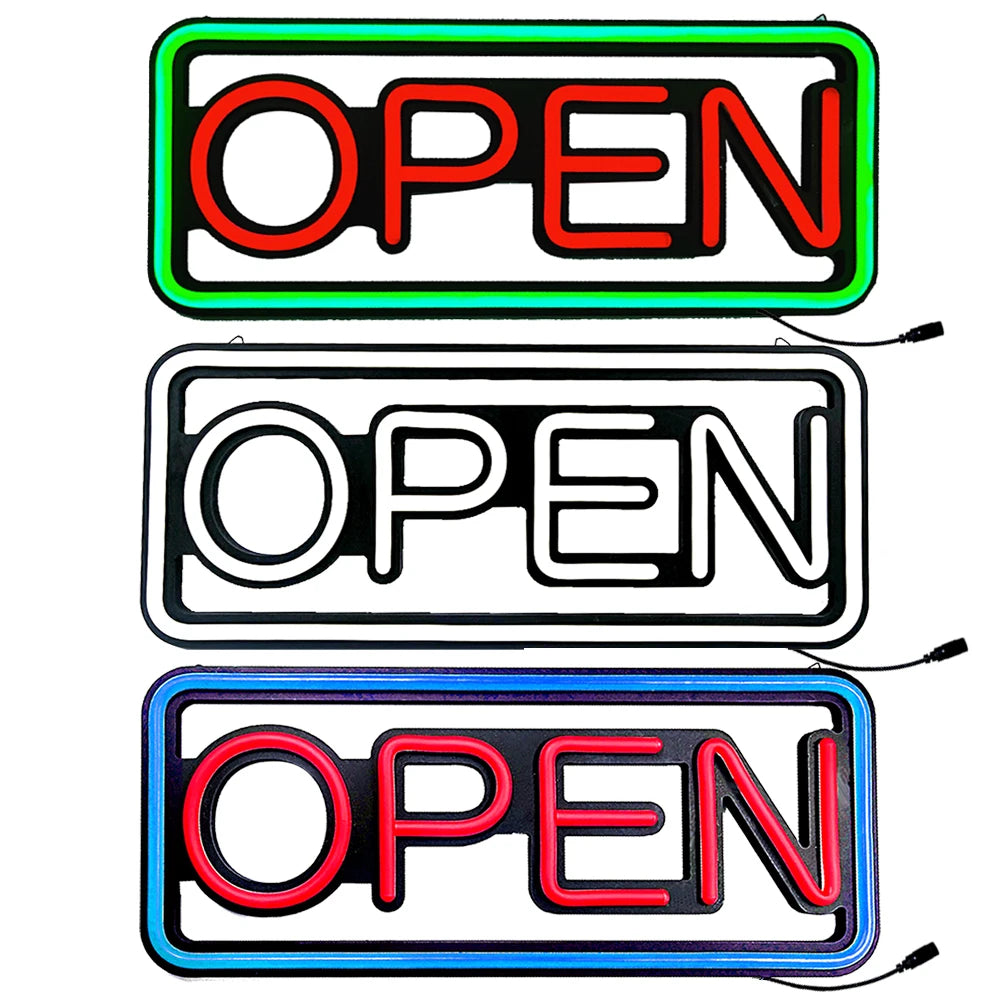 LED neon lights, store business signs, blue flashing lights, OPEN signs for shops and bars