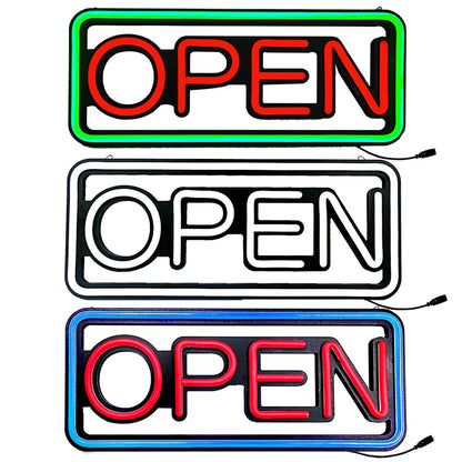 LED neon lights, store business signs, blue flashing lights, OPEN signs for shops and bars