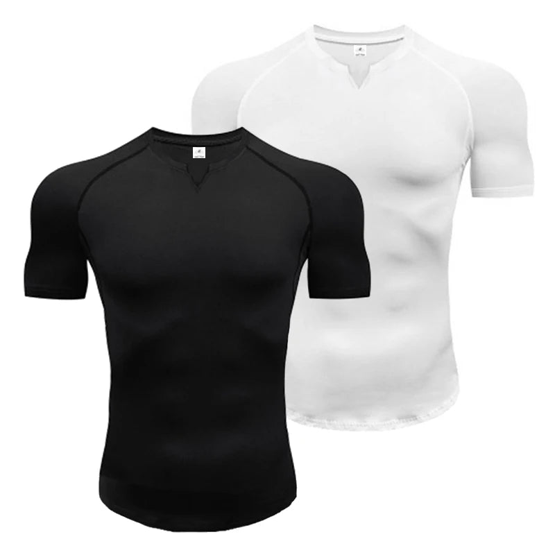 Mens Running T-shirts Solid Slim Fit V-neck Fitness T Shirt Tight Gym Clothing Bodybuilding Workout Quick Dry Training Tee Shirt