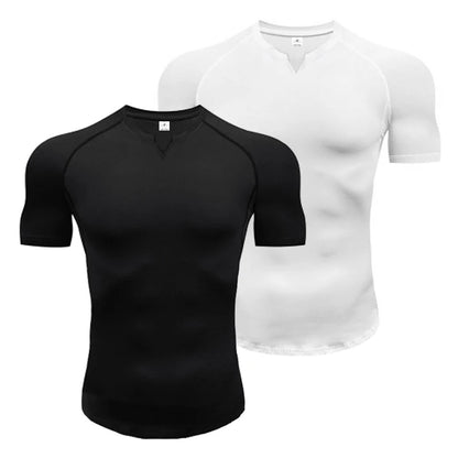 Mens Running T-shirts Solid Slim Fit V-neck Fitness T Shirt Tight Gym Clothing Bodybuilding Workout Quick Dry Training Tee Shirt