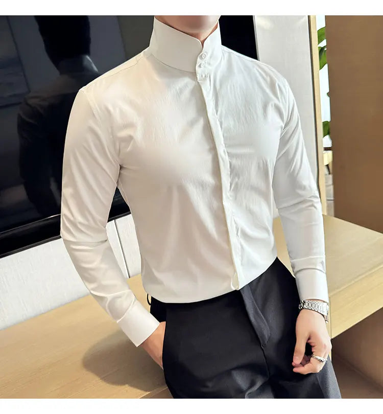Mens Slim Fit Stand Shirt Fashion High collar Shirts Men Spring Autumn Solid Color Long Sleeve Korean Style Smart Casual Shirts