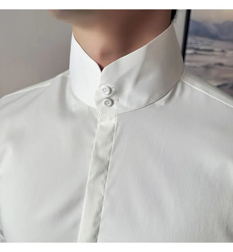 Mens Slim Fit Stand Shirt Fashion High collar Shirts Men Spring Autumn Solid Color Long Sleeve Korean Style Smart Casual Shirts