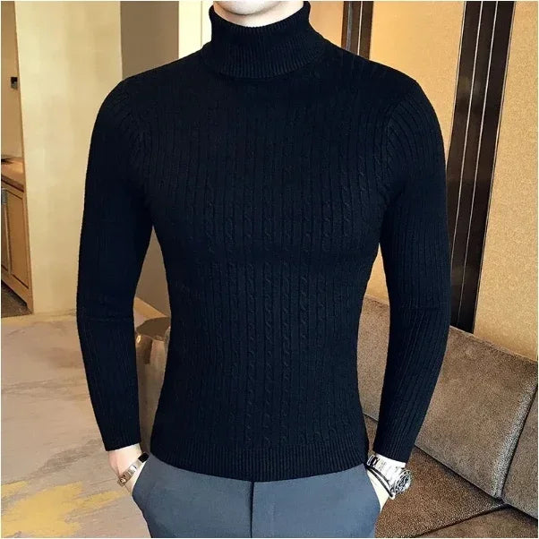 Men's High Neck Sweater Solid Color Pullover Knitted Warm Casual Turtleneck   Men Clothes