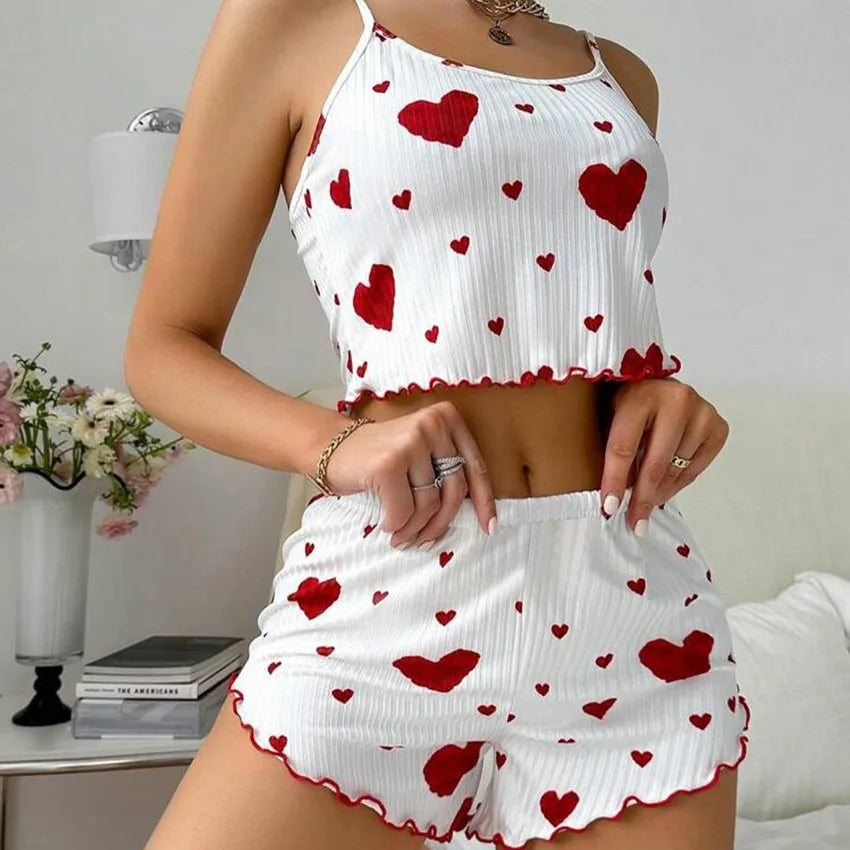 New Women's Pajama Set Knitted Love Printed Sweet Strap Shorts S M L White Breathable Casual Love Printed Home Pajama Set