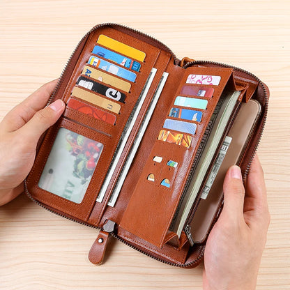 Men's leather wallet long new soft cowhide handbag travel light luxury simple large capacity anti-theft brush gradient color yel
