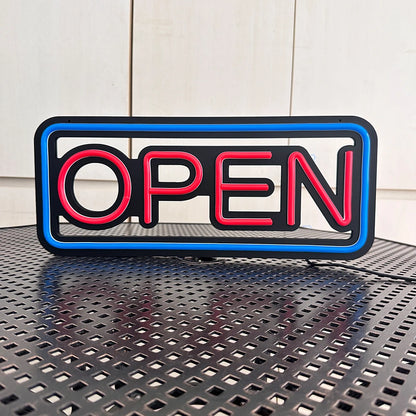 LED neon lights, store business signs, blue flashing lights, OPEN signs for shops and bars