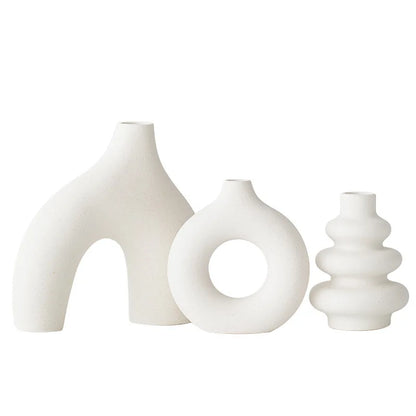 Bohemian Ceramic Vases Set of 3 White Round Geometric Design Handmade Terracotta Flower Pot Home Decor