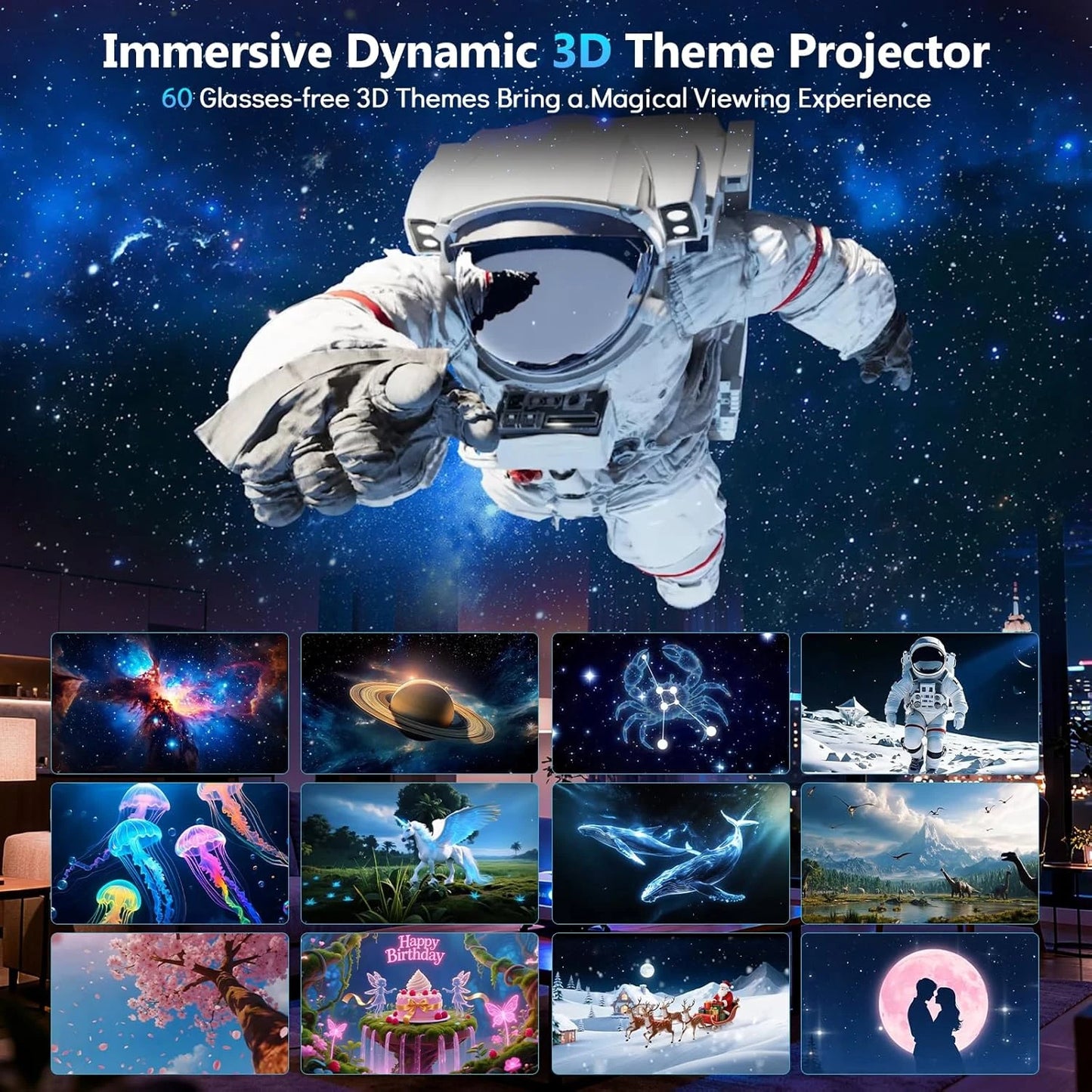 AURORA LIGHTING 3D Galaxy Projector 60 Scenes Adjustable Focal Planetarium Projector Ceiling Projector for Kids Room Adult Party