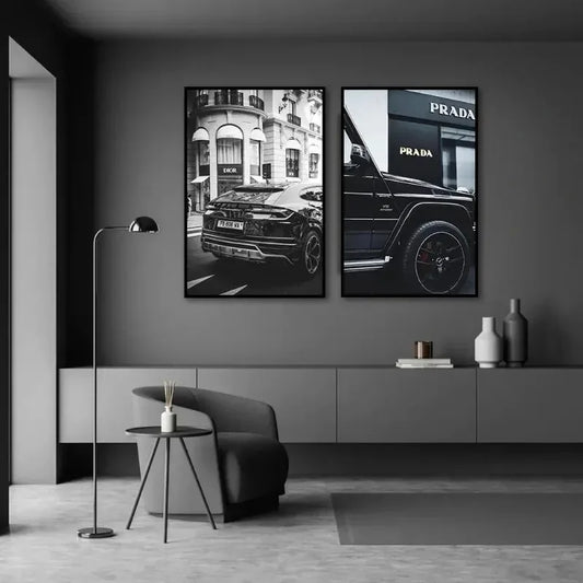 Wall Art Canvas Painting Modern Black Car Nordic Street Luxury Car Poster Black And White Pictures Home Decoration Living Roo