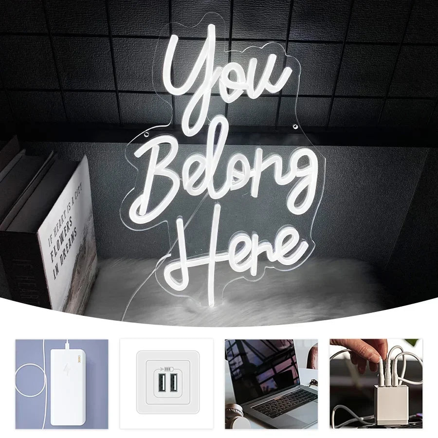 Led Neon Light For Classroom Decor,Bedroom Dorm,Office,Game Room,Man Cave,Party，You Belong Here Neon Sign For Wall Decor.