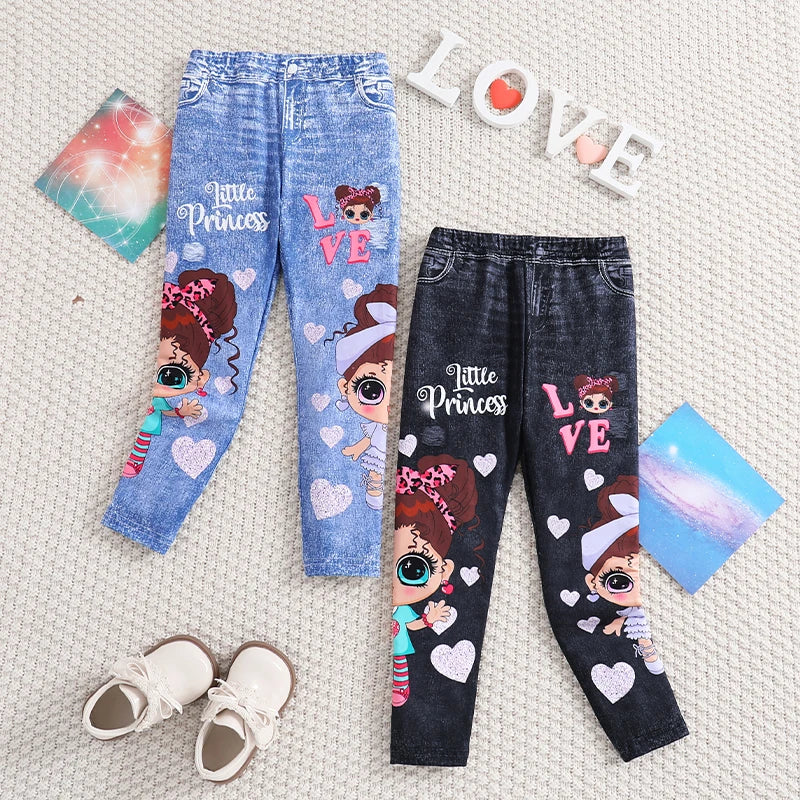 Clearance_Girls' 2pcs Cute Heart & Character Print Soft Knit Leggings - Mock Denim Style - Comfy Summer Outfit_Continuous update