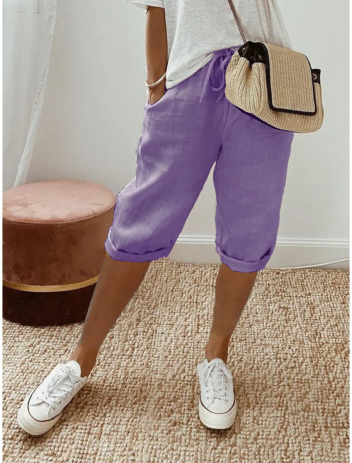 Shorts Women summer cotton linen elastic waist pocket elastic casual pants five quarter women's clothing YRW911