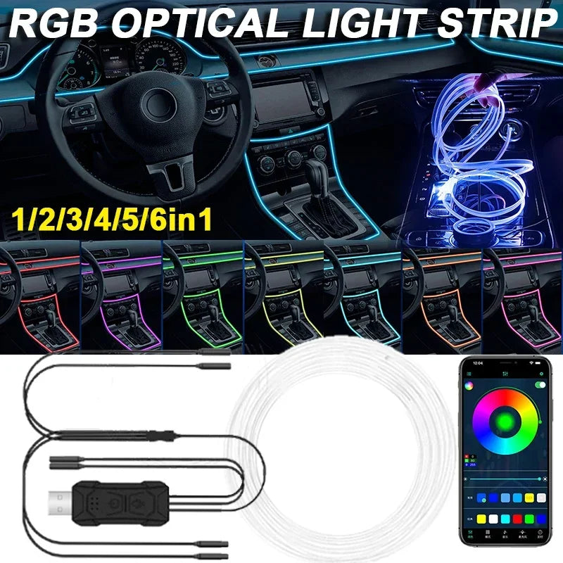 Car RGB Ambient LED Light Strip USB Fiber Optic Atmosphere Neon Invisible Light Strip Center Console Door Decoration Lamp