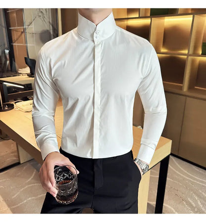 Mens Slim Fit Stand Shirt Fashion High collar Shirts Men Spring Autumn Solid Color Long Sleeve Korean Style Smart Casual Shirts