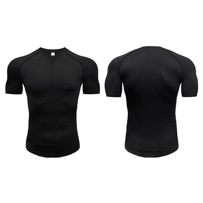 Mens Running T-shirts Solid Slim Fit V-neck Fitness T Shirt Tight Gym Clothing Bodybuilding Workout Quick Dry Training Tee Shirt