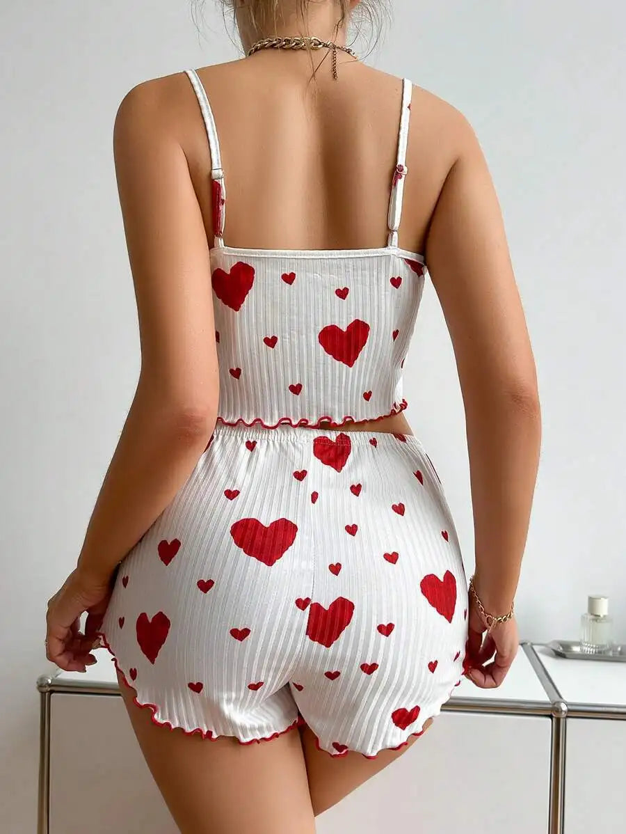New Women's Pajama Set Knitted Love Printed Sweet Strap Shorts S M L White Breathable Casual Love Printed Home Pajama Set
