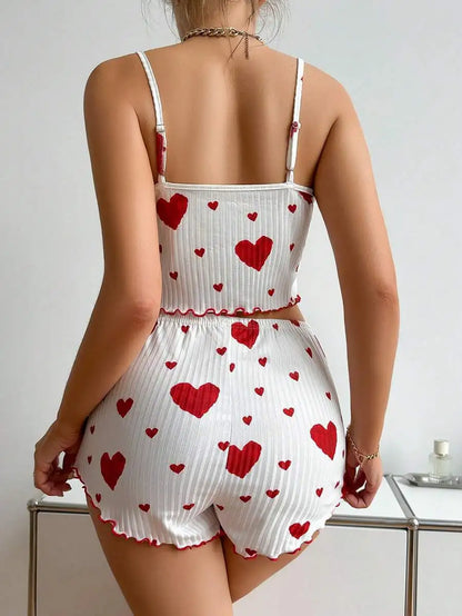 New Women's Pajama Set Knitted Love Printed Sweet Strap Shorts S M L White Breathable Casual Love Printed Home Pajama Set