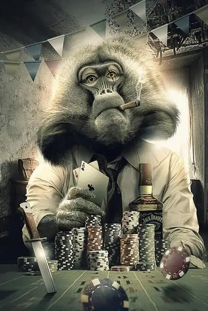 Abstract Animal Wall Art Posters Graffiti Art Smoking Monkey Playing Cards Billiard Room Bar Canvas Painting Parlor Decoration