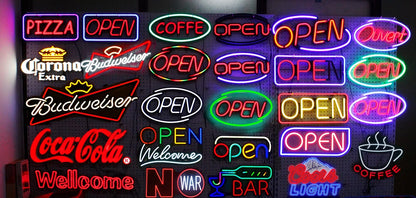 LED neon lights, store business signs, blue flashing lights, OPEN signs for shops and bars