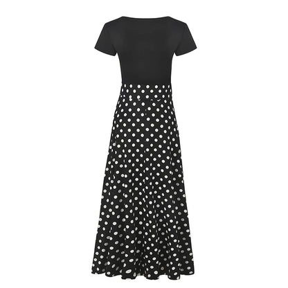 Printed Splicing Crew Neck Dress Elegant Short Sleeve Slim Waist Pleated Maxi Dress Women's Clothing